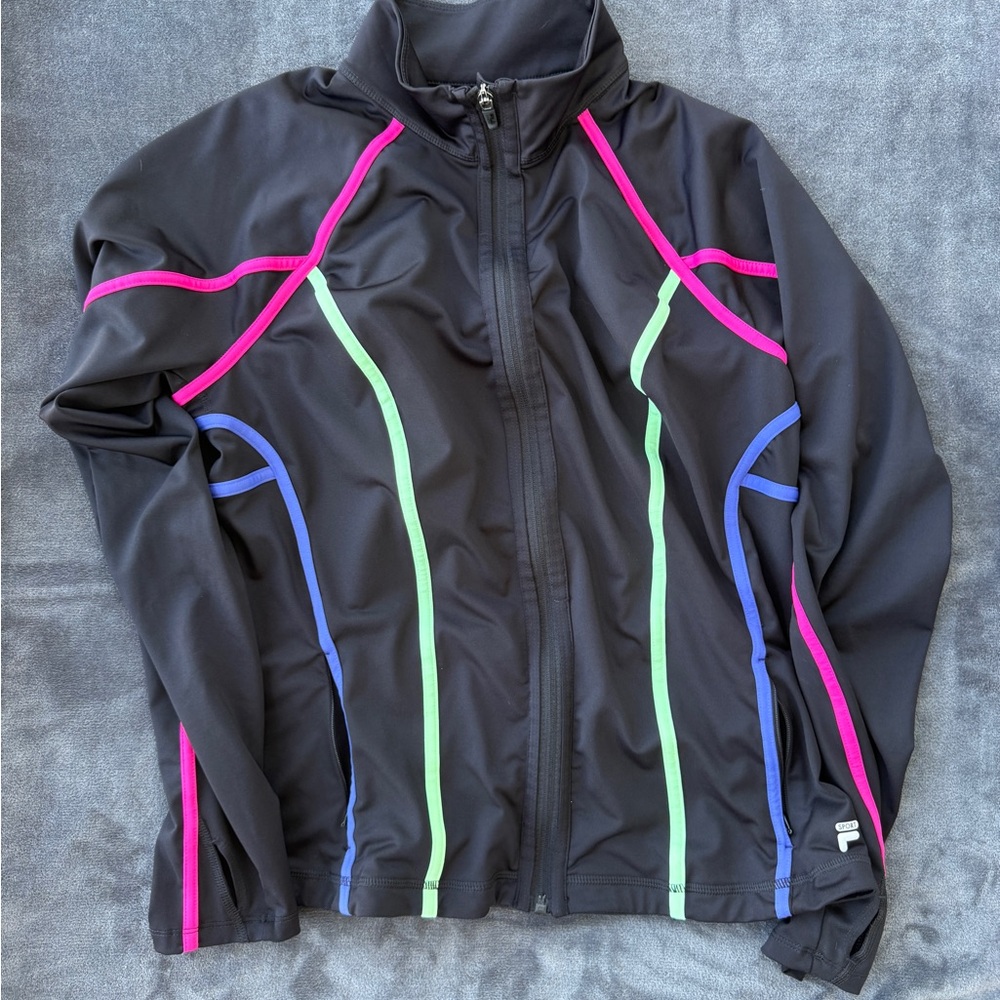 FILA Women’s Black Zip-Up Workout Jacket with Pink, Green & Blue Neon Piping - Picture 12 of 12